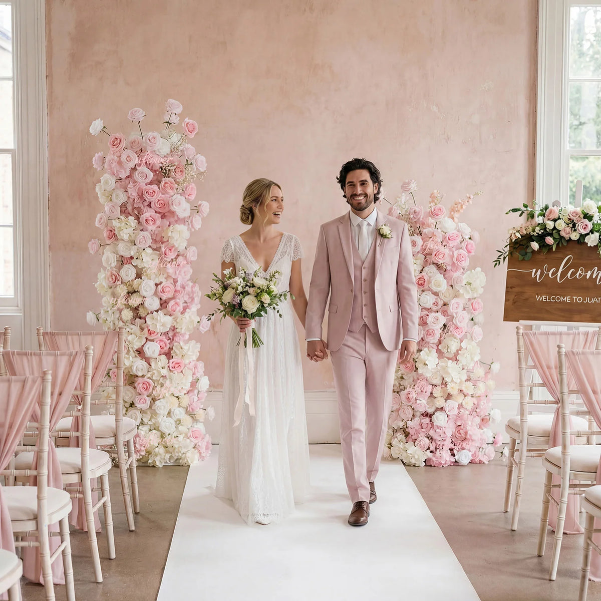 Décoration mariage rose romantique fleurs soie intérieure bienvenue accessoire pilier floral