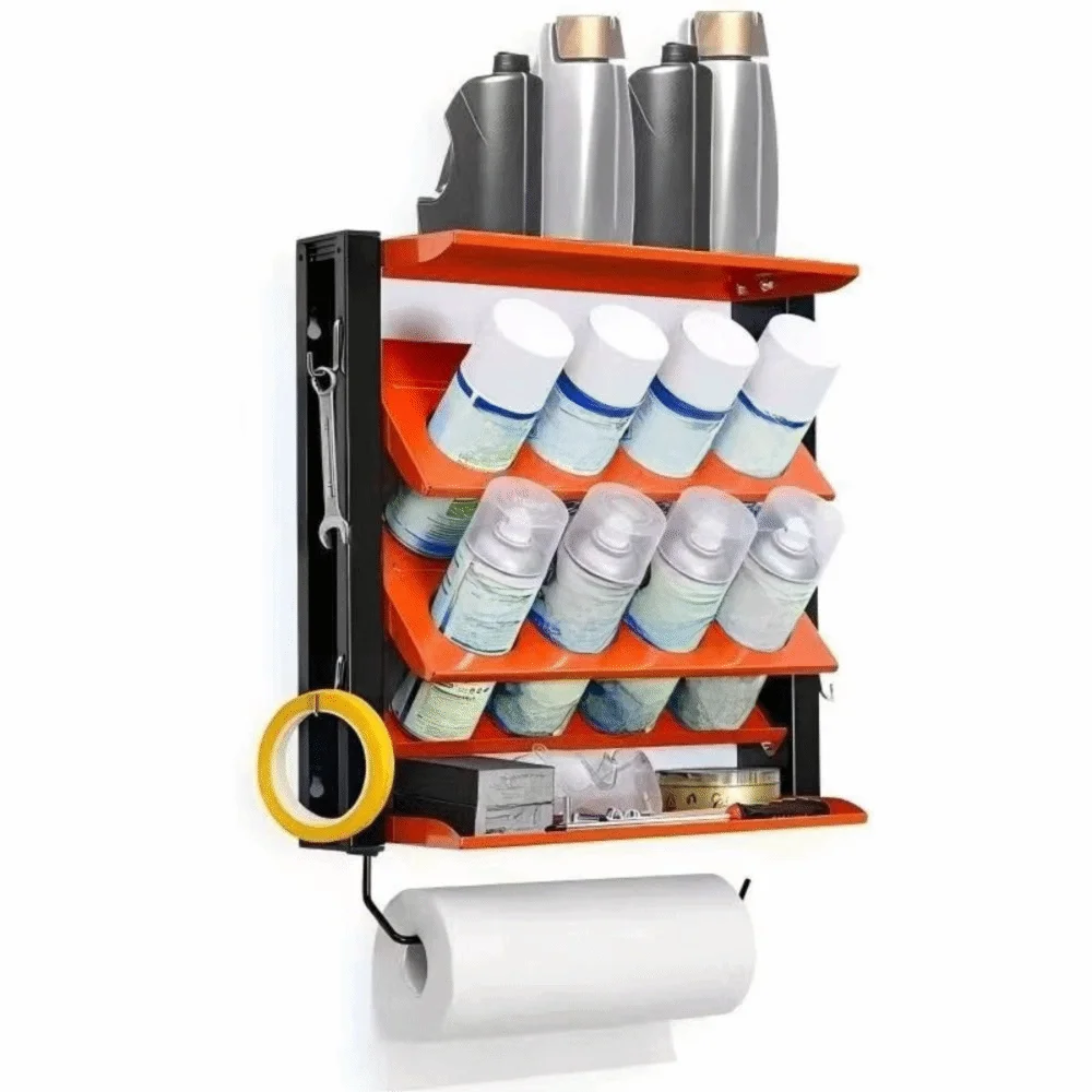 rangement mural industriel orange noir argenté sprays bouteilles outils utilitaires multifonctionnels fixations murales