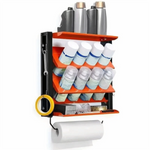 rangement mural industriel orange noir argenté sprays bouteilles outils utilitaires multifonctionnels fixations murales