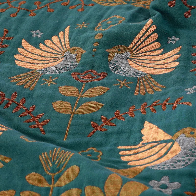 couverture coton fleur oiseaux vert beige marron gris portable anti boulochage hiver traditionnelle