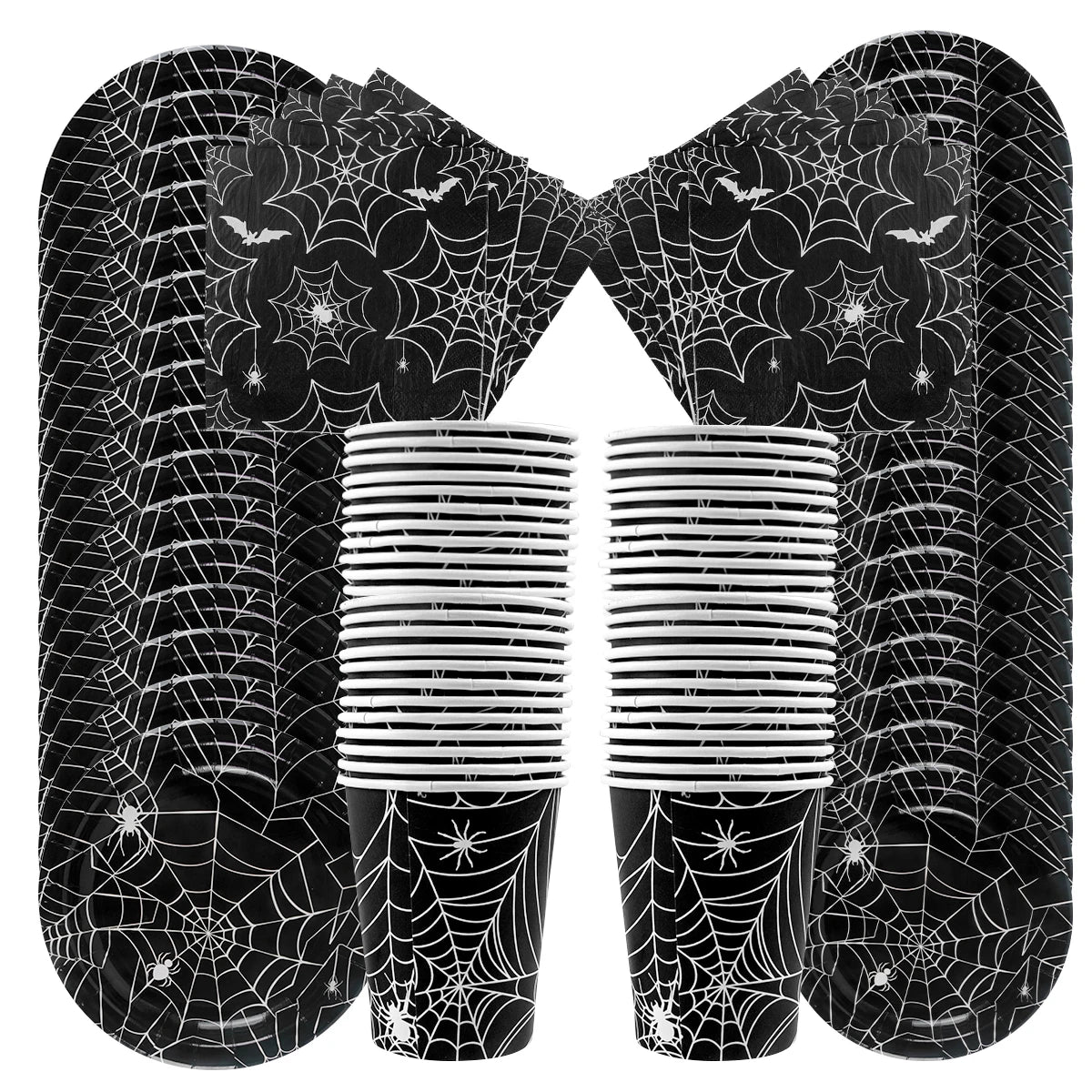 assiettes halloween araignées verres serviettes table noire blanc points brillants toile festive octobre