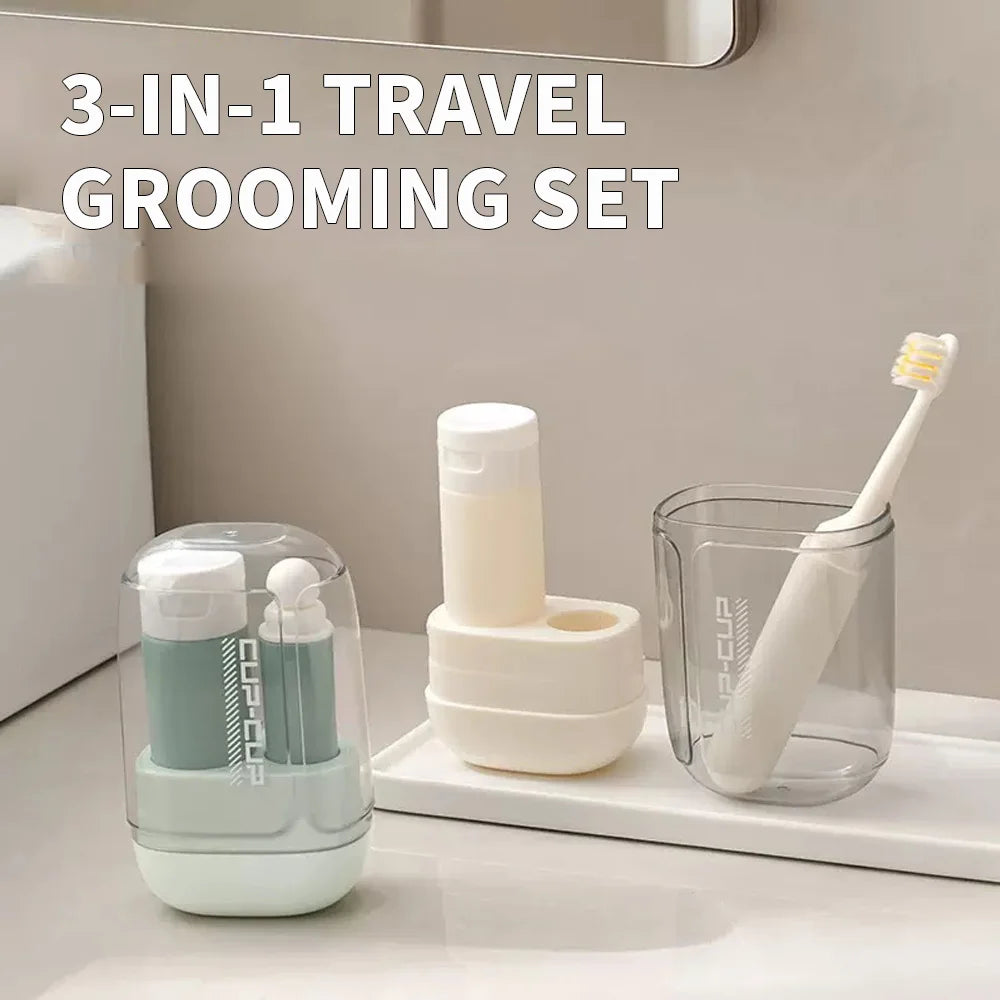 ensemble soins voyage blanc tasse rinçage brosse dents bouteille dispensation transparent moderne minimaliste
