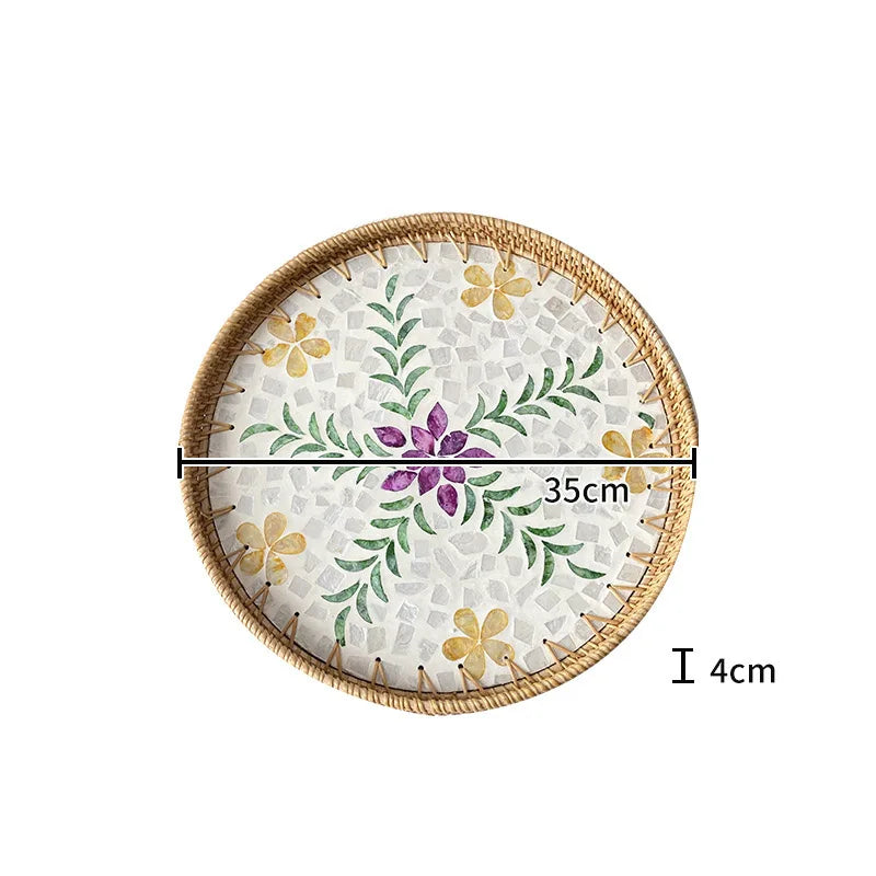 assiette plate décorative rotin tressé motif fleurs boho rustique couleur naturelle