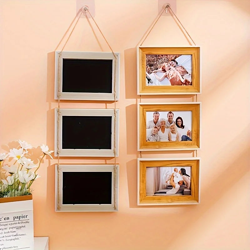 cadres photo suspendus ensemble decoratif rustique familial beige clair blanc texturé