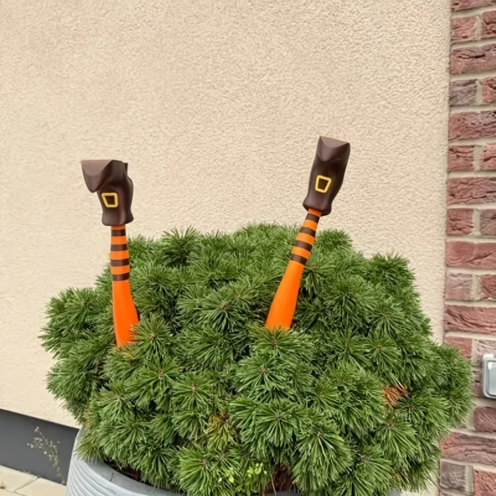 décoration jardin sorcière orange noir talons dorés rayures halloween adhésif pot fleurs fantaisie