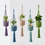 supports plante macramé tissé main motifs géométriques boho couleurs violet bleu beige vert