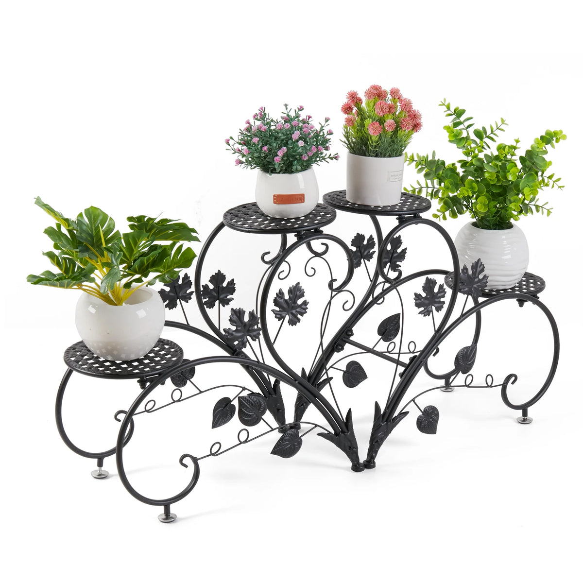 meuble plante métal noir niveaux feuilles stylisées art nouveau pots blancs arrosoir bleu balcon