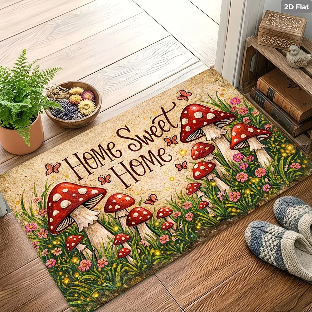 tapis d'entrée moderne multicolore motif champignons fleurs texte Sweet extérieur résistant rides polyester 30x50cm