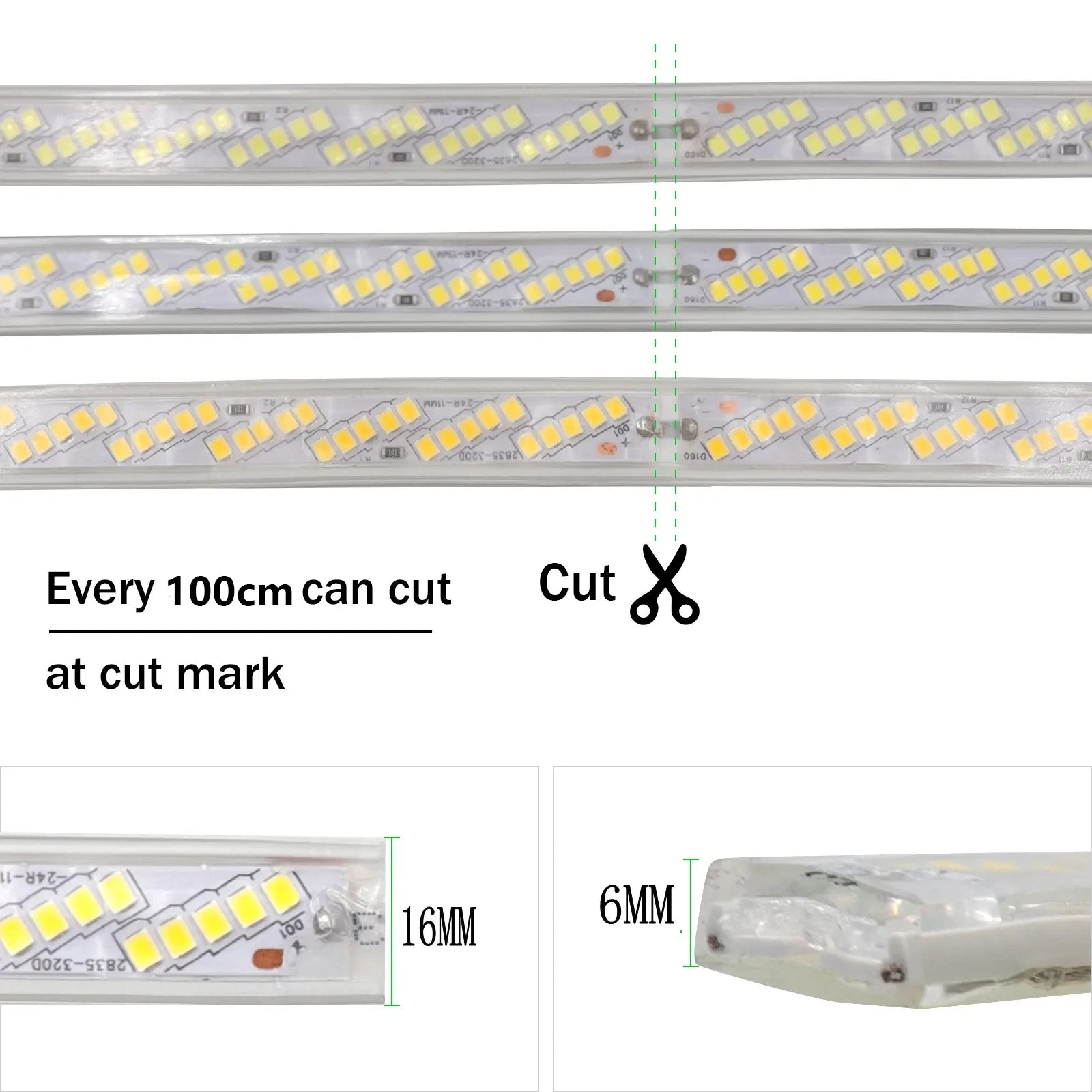Détail des puces LED SMD2835 sur ruban