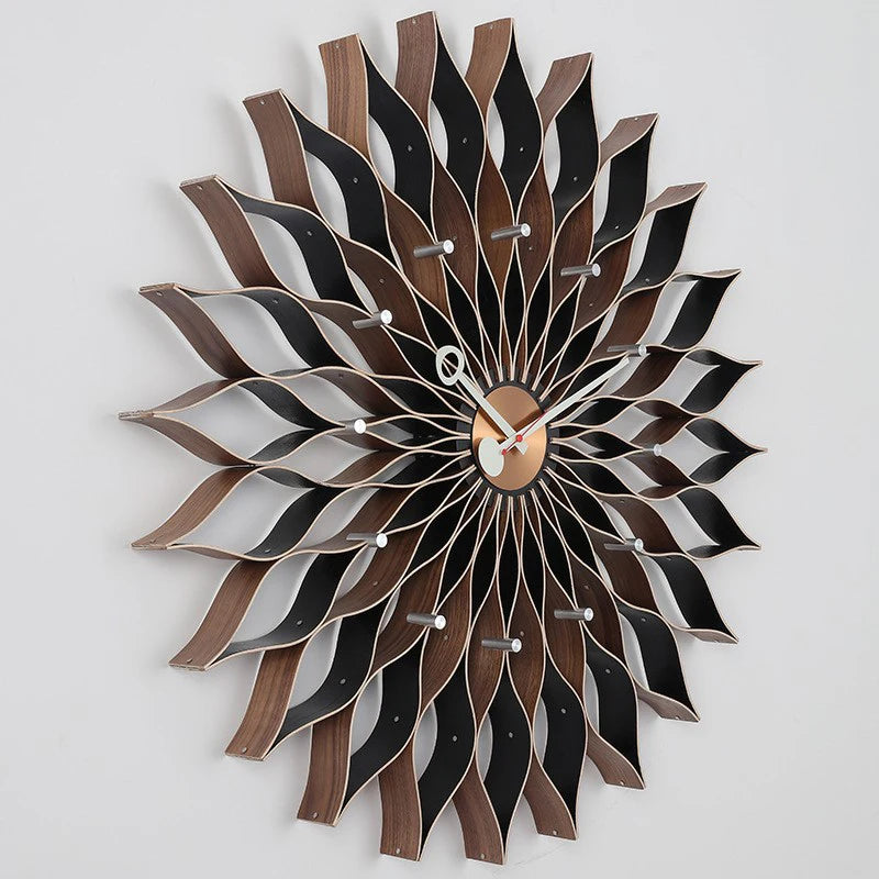 horloge murale moderne motif floral aiguilles métal couleur bois salon chambre