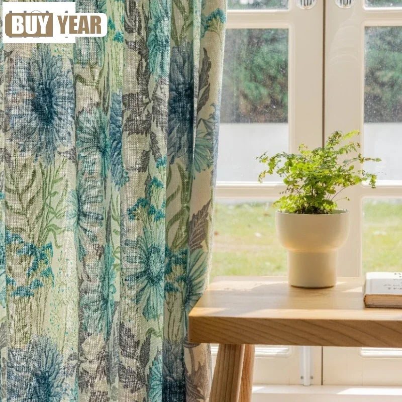rideau opaque motif fleurs feuilles naturel couleur bleu vert beige salon chambre maison