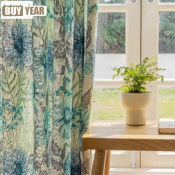 rideau opaque motif fleurs feuilles naturel couleur bleu vert beige salon chambre maison