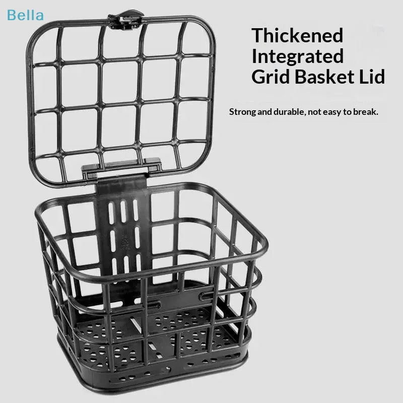 panier avant vélo électrique noir grille ouverte couvercle détachable rangement plastique utilitaire fonctionnel