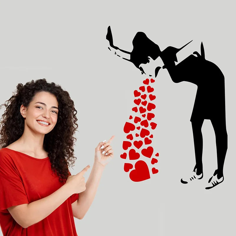 sticker mural moderne silhouette personne téléphone coeurs rouges noir autocollant vinyle waterproof removable