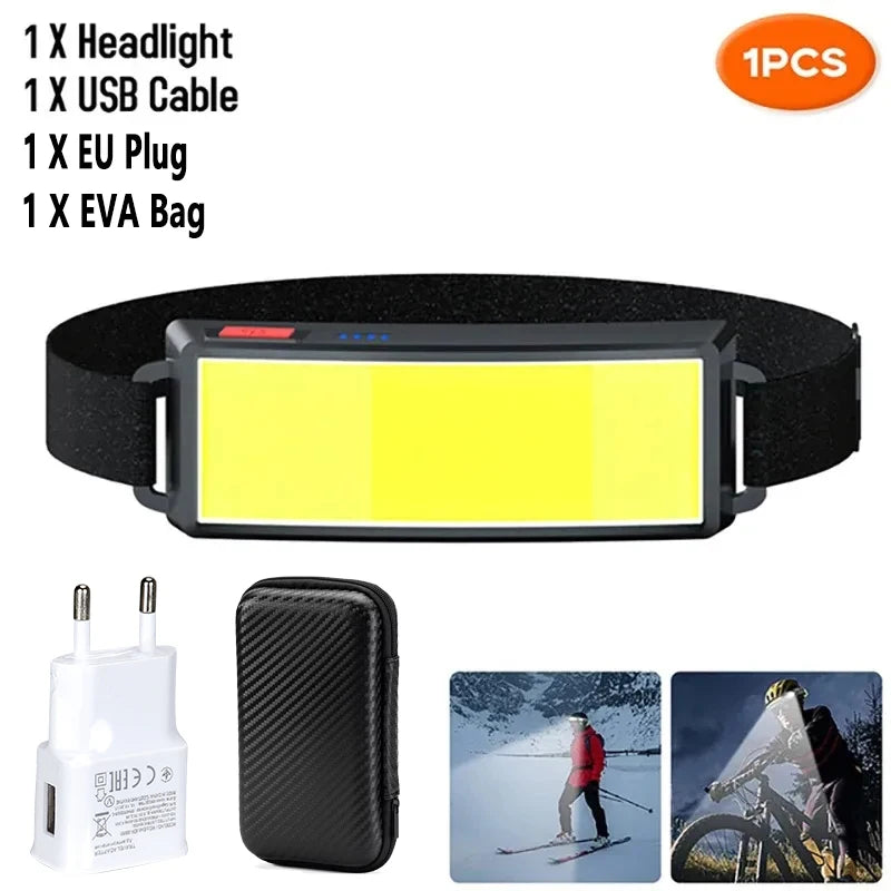 lampe frontale led cob rechargeable usb batterie intégrée indicateur puissance mode ajustable ceinture camping