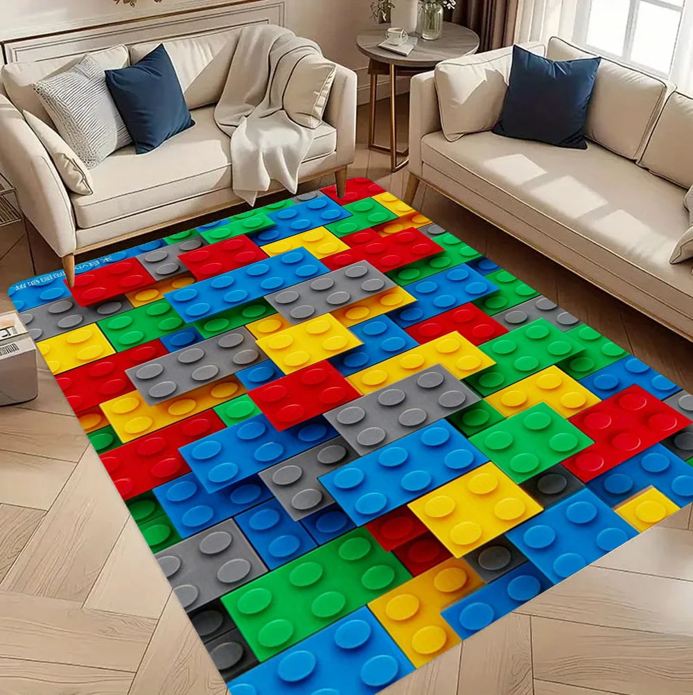 tapis moderne motif lego blocs colorés polypropylène rouge vert bleu chambre salon durable