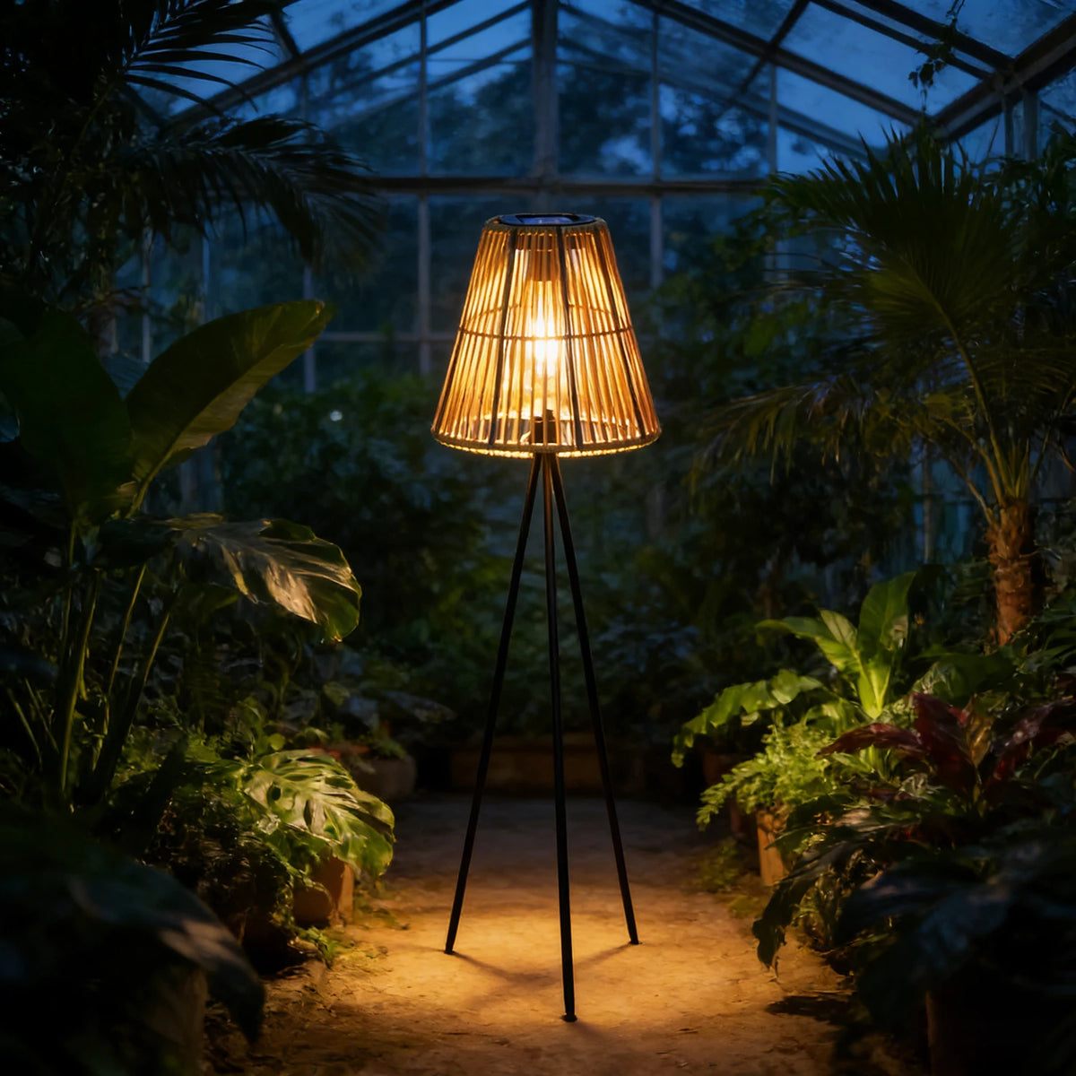 lampe solaire jardin bambou moderne rustique marron noir triangulaireextérieur ambiance festive