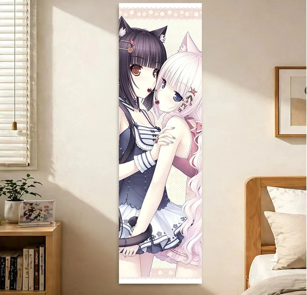 Poster mural anime personnages chats oreilles floral bleu marine rose blanc chambre filles