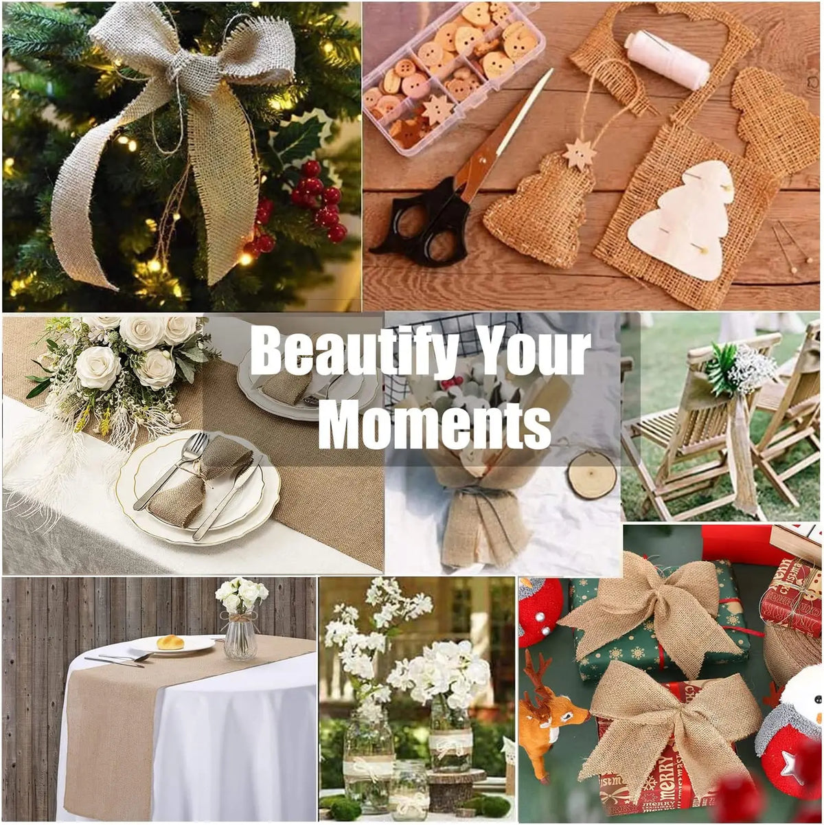 chemin table rustique jute marron clair mariage anniversaire noel décor festiftouches bleu vert liens