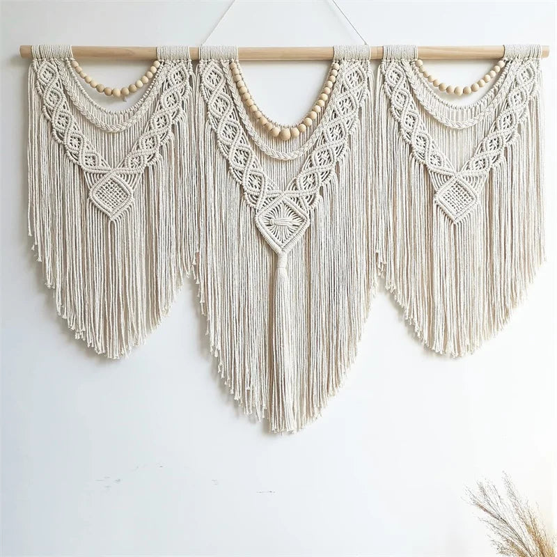 tapisserie macramé coton ovale motifs géométriques franges bohème bois opaque
