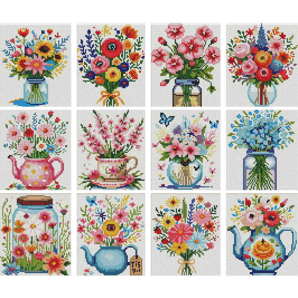 kit broderie diamant multicolore fleurs vases strass outils boîte rangement couteau pinceau guide broderie