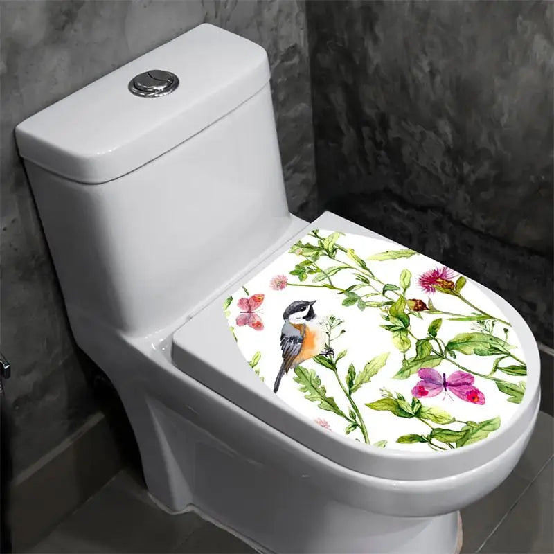 autocollants couvercle toilette floral papillons oiseaux moderne blanc rose vert bleu violet noir adhésif