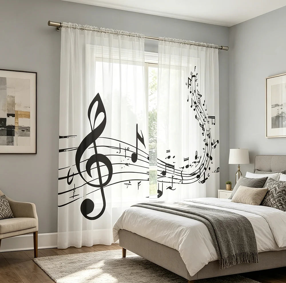 rideaux blanc noir motif musical clé sol moderne deux pièces translucides fenêtre chambreDecorationInterior