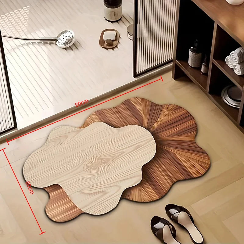 tapis salle bain texture bois naturel rayures concentriques moderne pvc brun foncé opacité
