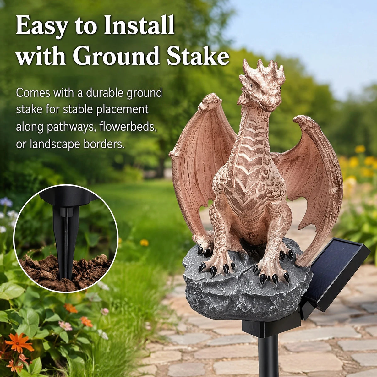 statue dragon lumineuse résine marron fantastique décoration extérieure jardin maison plumes ailes details réaliste