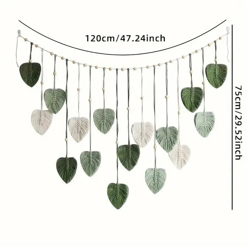 guirlande murale boho feuilles vert sauge blanc tissage macramé naturel