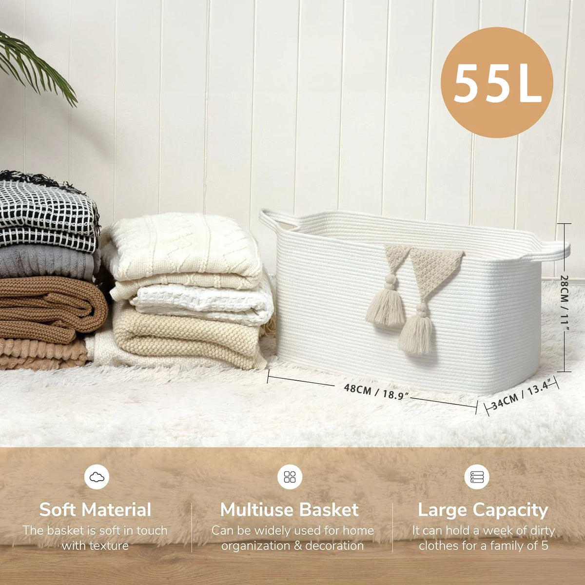 panier rangement polyester blanc rayures horizontales moderne réutilisable 55L poignées organisation linge étagères