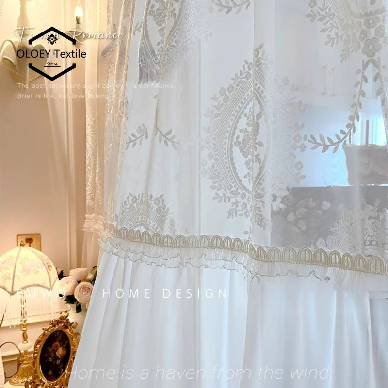 rideaux blancs broderie florale transparents classiques fenêtre romantiques chambre coucher