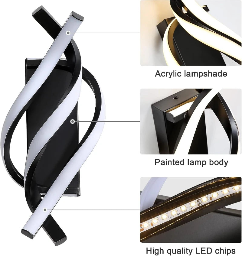 lampe murale led spirale moderne noir blanc abstrait opaque contemporain fixations murales certifications sécurité