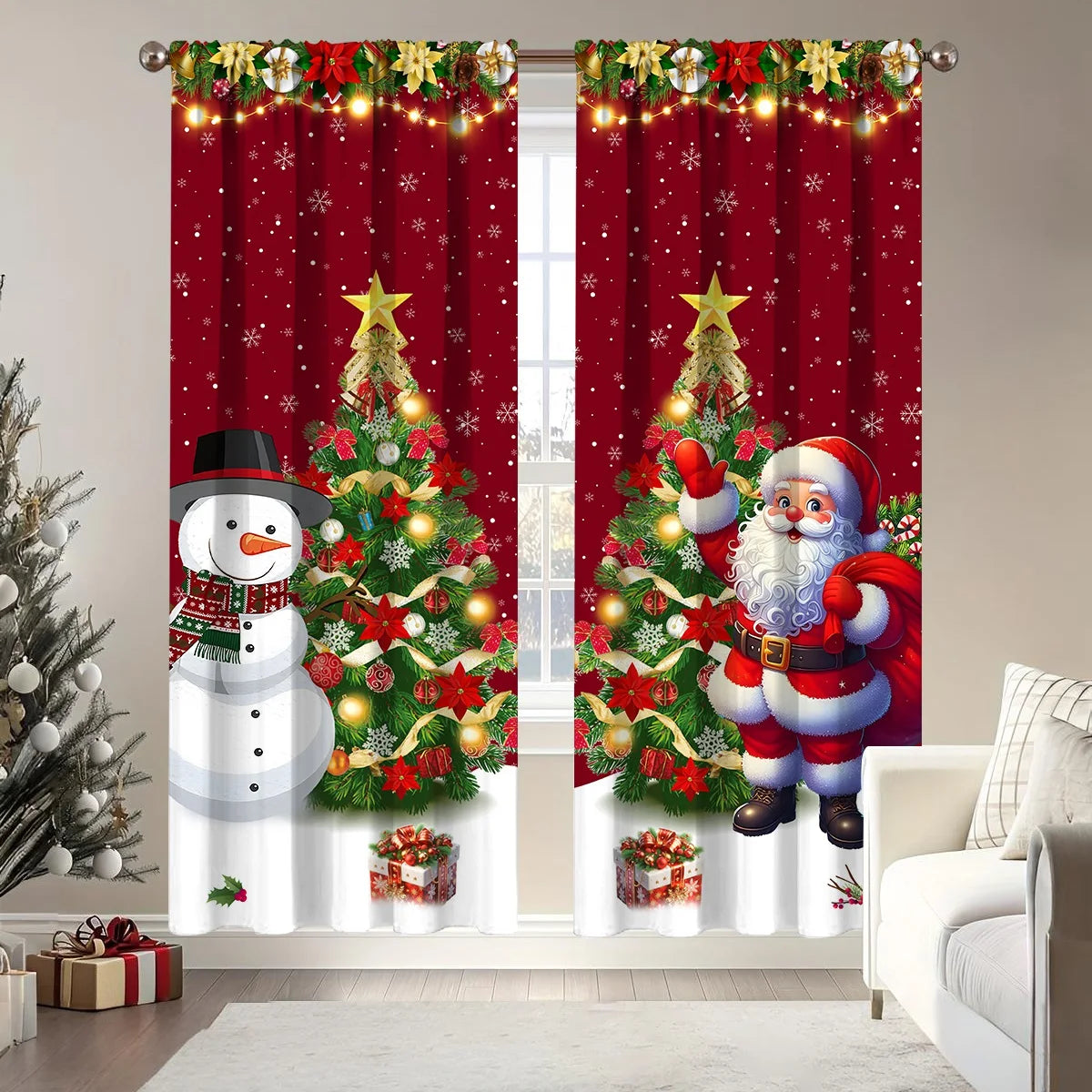 rideau noël rouge blanc santa clause arbre neige flocons guirlandes lumineuses anneaux métalliques polyester