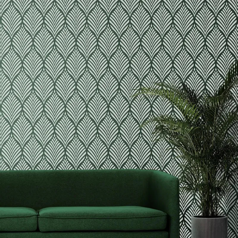 feuilles stylisées stencil blanc brun art deco peinture murale projet artisanal texture opaqueduocircle