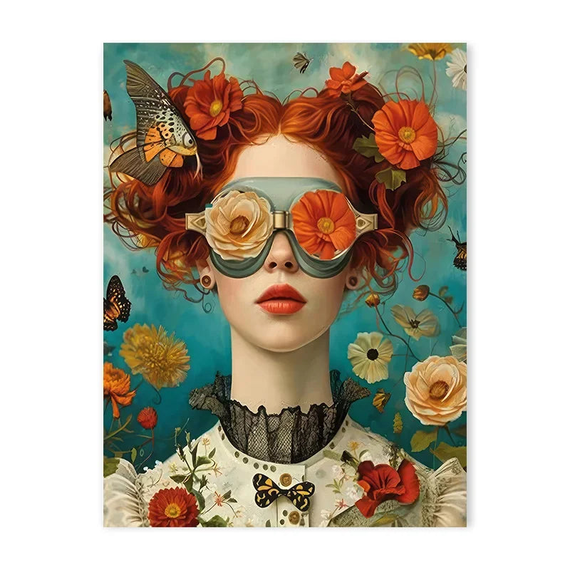 tableau toile art fleurs papillons lunettes moderne décoration mur salon cadre bois