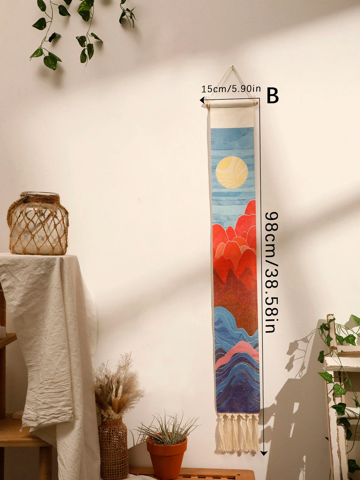 tapisserie murale macramé paysage soleil nuages géométrique bohème moderne salon chambre