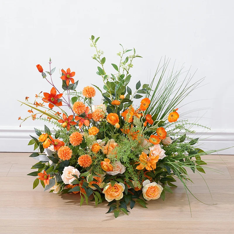 arche décorative fleurs artificielles bouquet feuillage vert clair orange blanc événement mariage anniversaire fête
