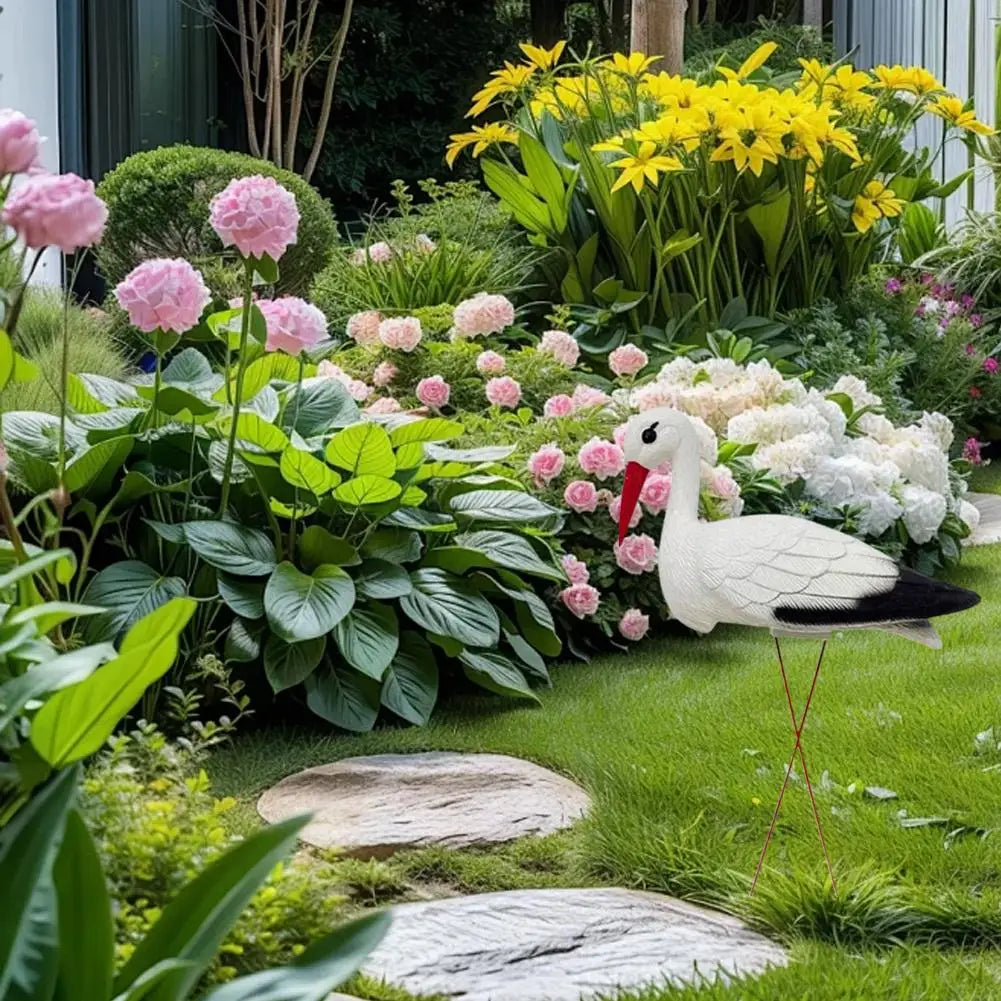 décoration extérieure oiseau cigogne blanche réaliste plumes métal rouge jardin piscine