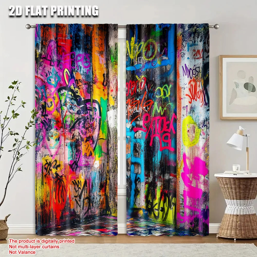 rideau moderne graffiti multicolore polyester 29.53x65.35in 41.34x90.55in decoration fete famille abstraite
