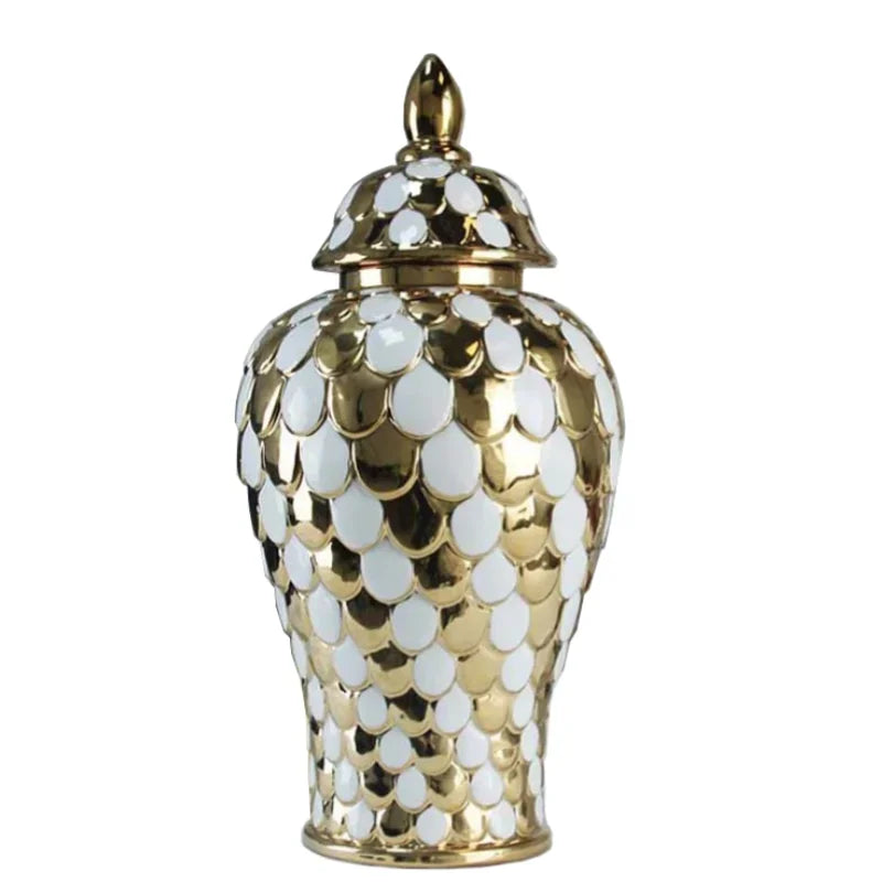 vases décoratifs modernes or blanc argentés motifs ronds couvercles assortis