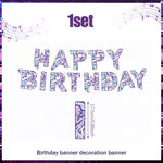 guirlande lettres birthday violet blanc moderne graphique confettis ballons gâteau assiettes verres