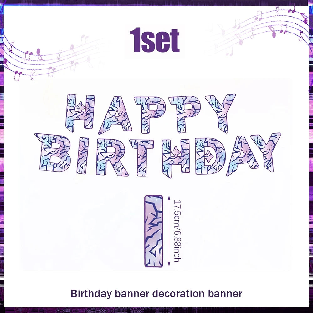 guirlande lettres birthday violet blanc moderne graphique confettis ballons gâteau assiettes verres