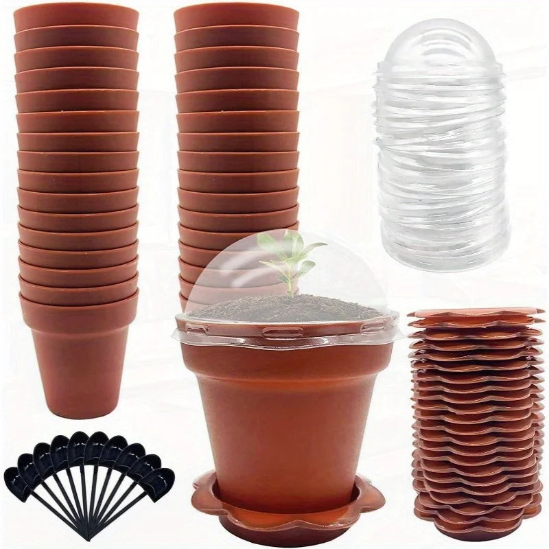 pots fleurs mini serre brun orange transparent couvercle humidité pelle réception base plantaions intérieurextérieur
