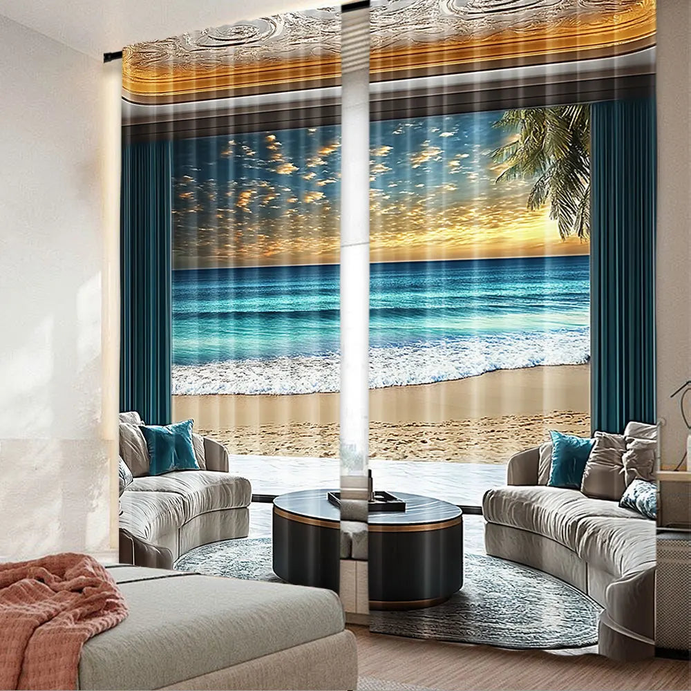 rideau moderne paysagiste bleu marine océan soleil couchant semi transparent polyester panneaux 75x166cm 105x230cm