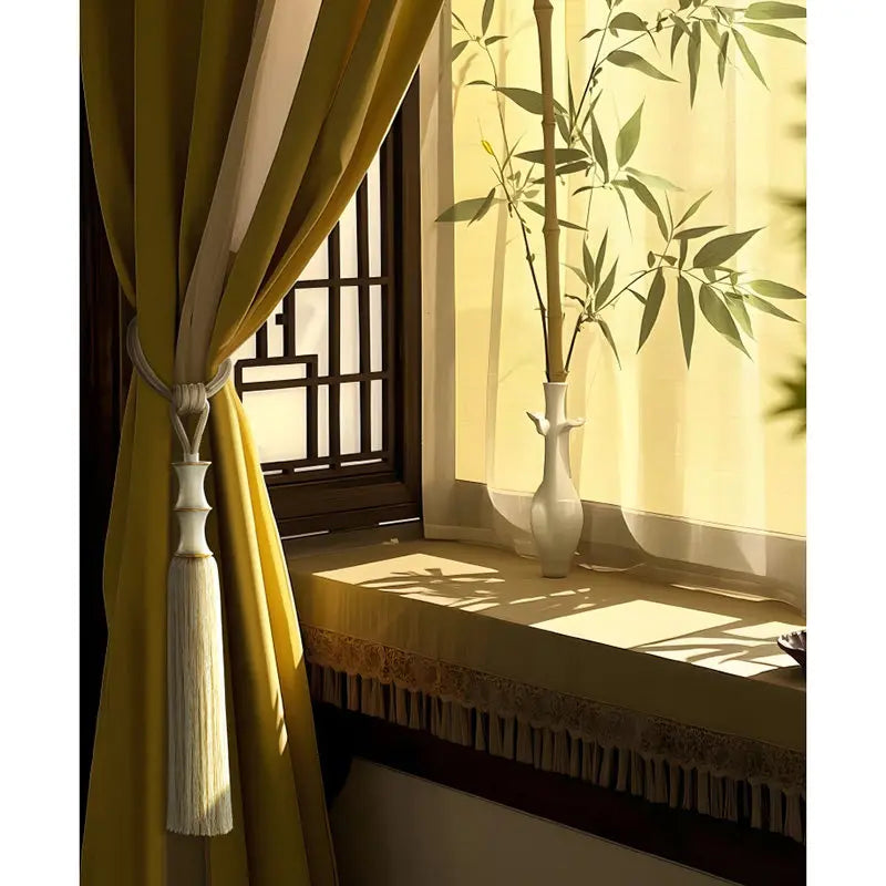 rideau vert beige marron broderie bambou franges classique traditionnel tassel translucent