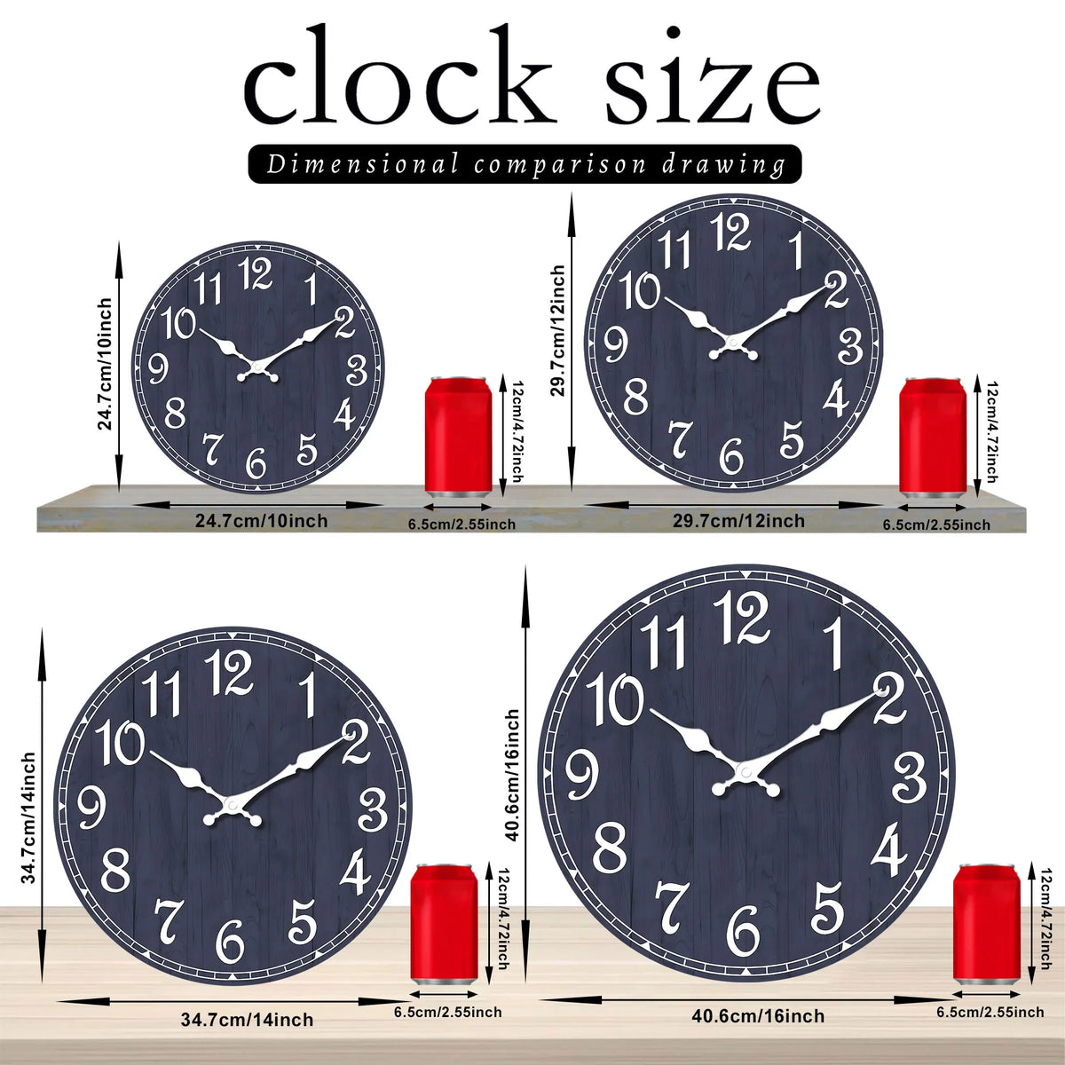 horloge murale bois imitation rustique vintage bleu foncé blanc aiguille quartz face unique salon