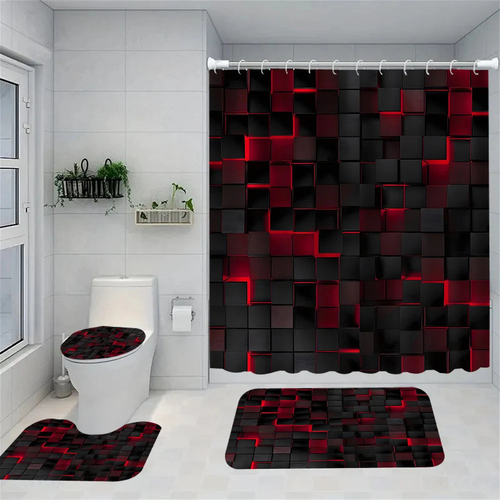 rideau douche géométrique moderne noir rouge tapis bain couvercle toilette 12 crochets