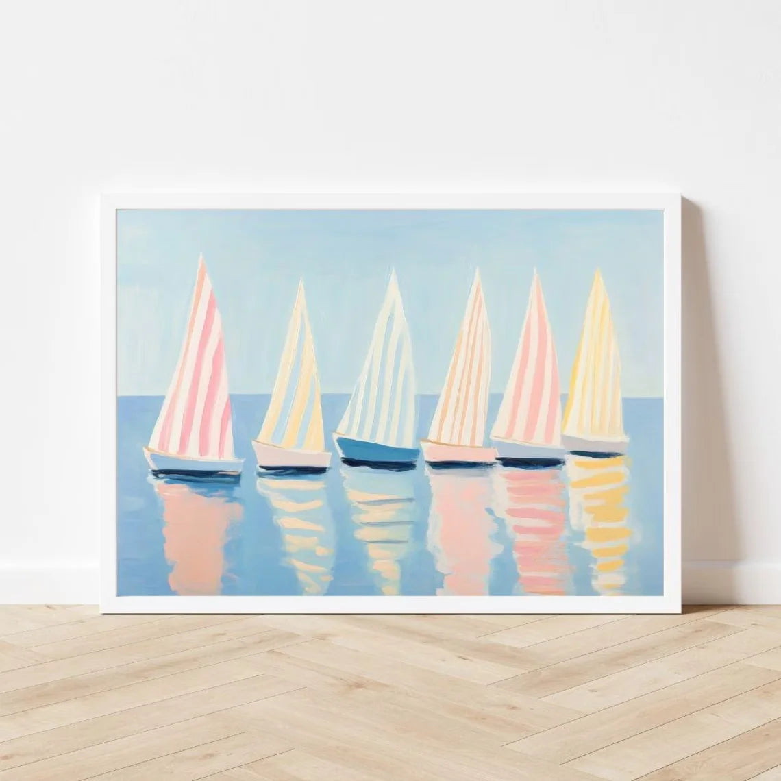 affiche moderne bateaux voiles rose bleu jaune rayures horizontales sans cadre 40x60cm