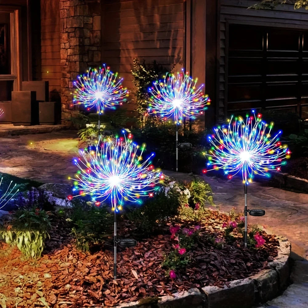 lampe solaire feu d'artifice multicolore blanc chaud extérieure ambiance festive nocturne jardin patio
